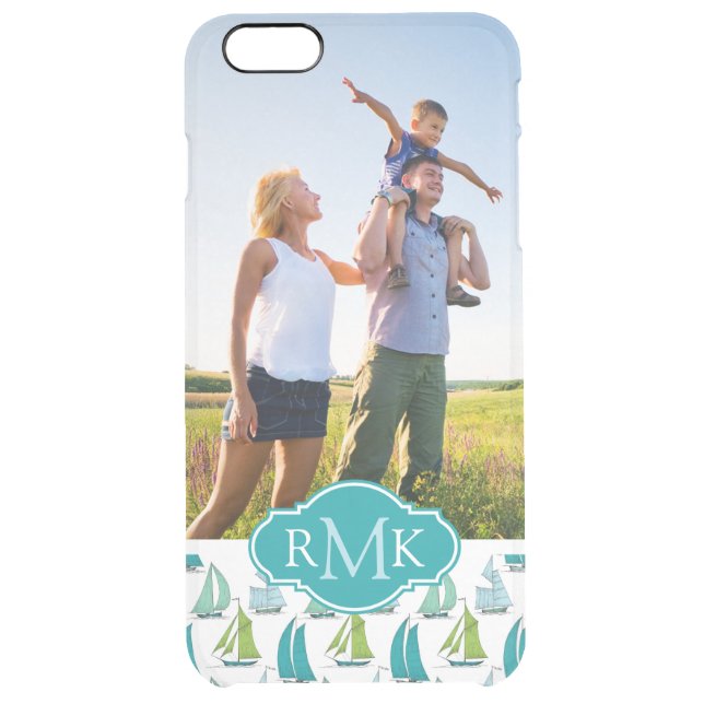 Sailboats On Graph Pattern| Your Photo & Monogram Uncommon iPhone Case (Back)
