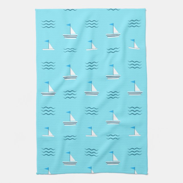 Sailboats On The Blue Sea Pattern Kitchen Towel (Vertical)