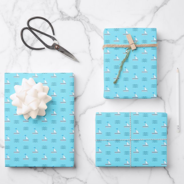 Sailboats On The Blue Sea Pattern Wrapping Paper Sheets (Front)