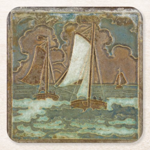 Sailboats on the Ocean Nautical Themed Vintage Art Square Paper Coaster