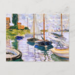Sailboats on the Seine at Petit  Claude Monet  Postcard<br><div class="desc">Sailboats on the Seine at Petit . Claude Monet. Cute summer sea landscape in warm colors. There are large yachts with furled sails on the lake. On the shore there are houses under red roofs. There are light clouds in the sky. Reproduction of famous works of art images in the...</div>