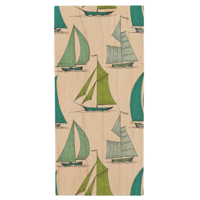 Sailboats On The Water Pattern Wood Flash Drive (Front Vertical)