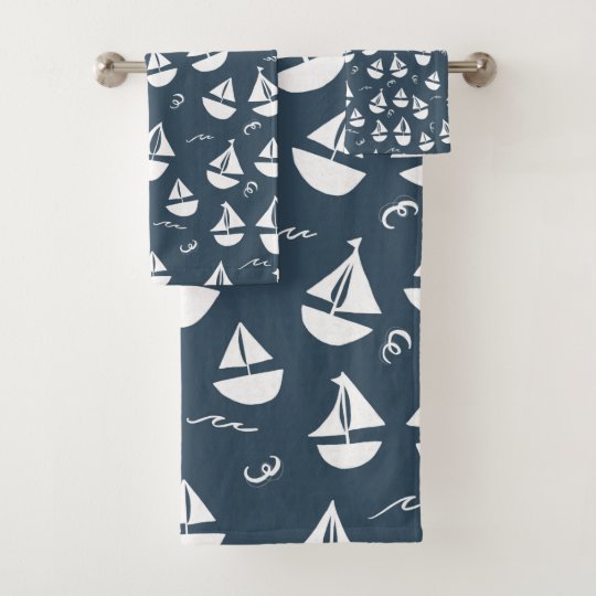 Sailboats Pattern Navy Blue White Bath Towel Set | Zazzle.com