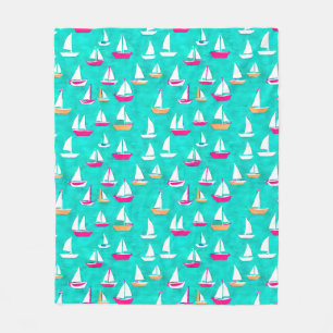 Sailboats Pattern Pink & Aqua Fleece Blanket