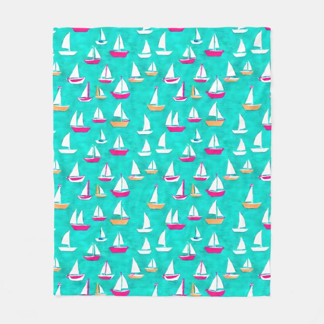 Sailboats Pattern Pink & Aqua Fleece Blanket (Front)
