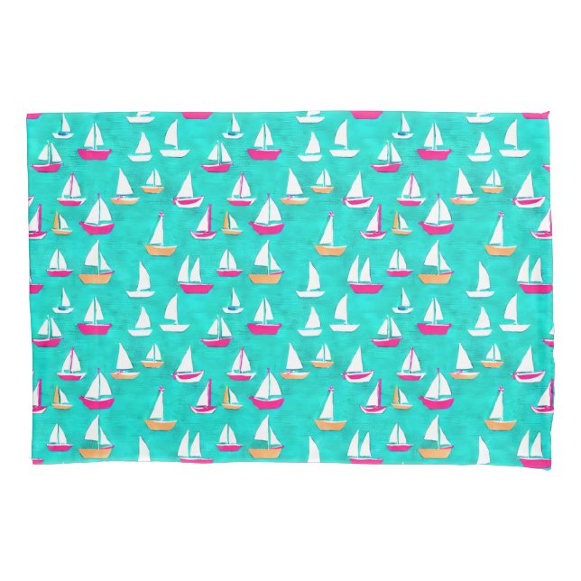Sailboats Pattern Pink & Aqua Pillow Case (Front)