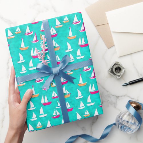 Sailboats Pattern Pink  Teal Preppy Wrapping Paper