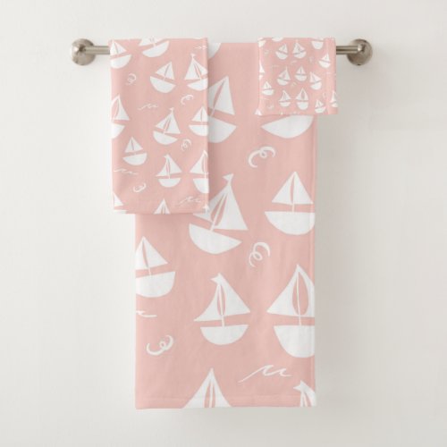 Sailboats Pattern Pink White Bath Towel Set