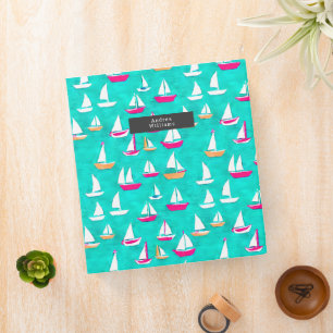 Sailboats Pattern Preppy Pink & Aqua 3 Ring Binder