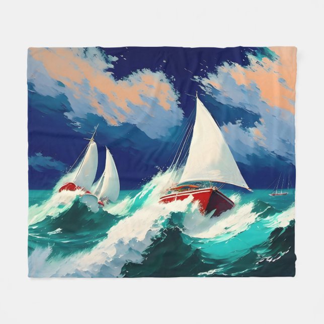 Sailboats Racing in Heavy Seas Fleece Blanket (Front (Horizontal))