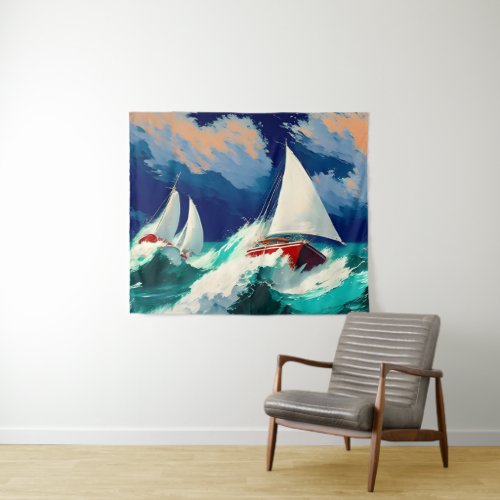 Sailboats Racing in Heavy Seas Tapestry