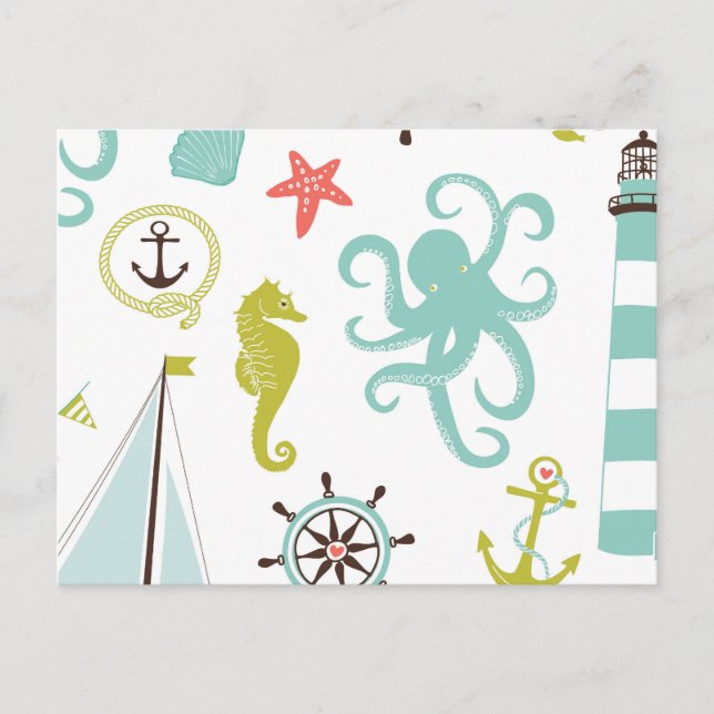 Sailboats & Sea Life Pattern Postcard (Front)