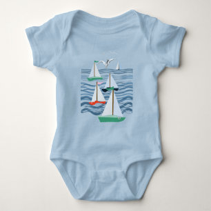 Sailboats seagulls and ocean waves baby bodysuit