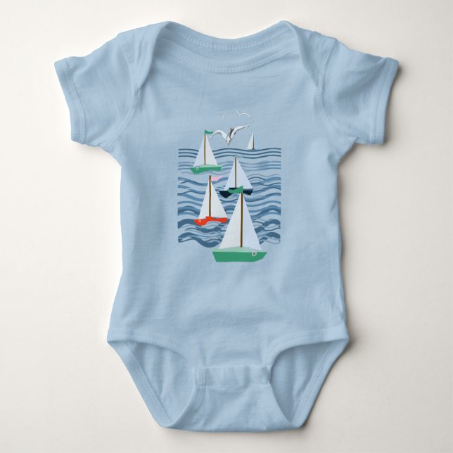 Sailboats seagulls and ocean waves baby bodysuit (Front)
