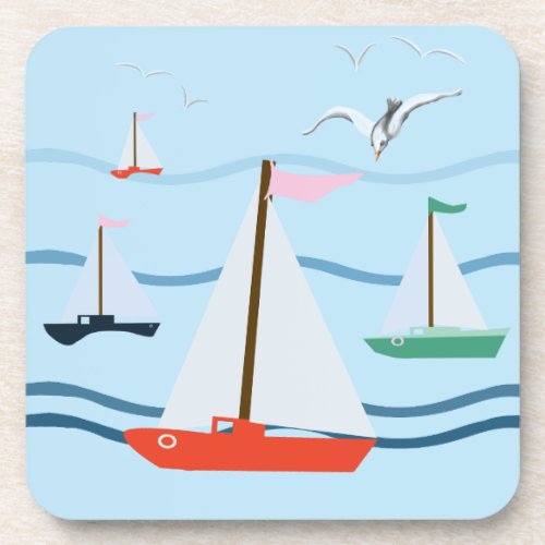 Sailboats seagulls and ocean waves beverage coaster