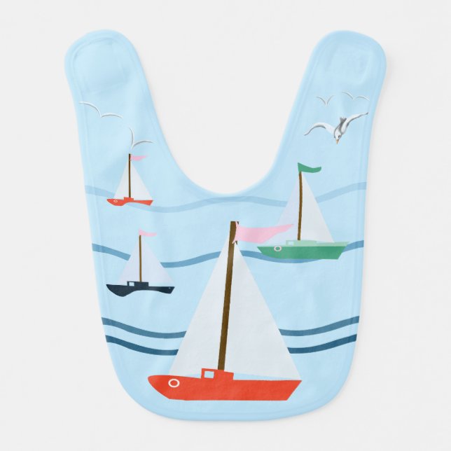Sailboats, seagulls, ocean waves baby bib (Front)