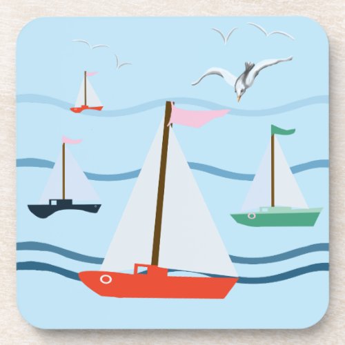 Sailboats seagulls ocean waves beverage coaster