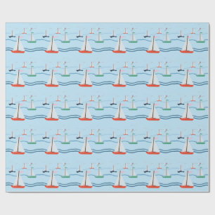 Sailboats, seagulls, ocean waves wrapping paper
