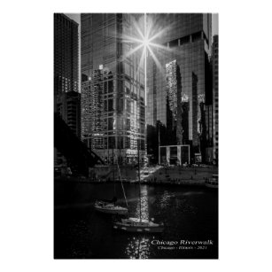 Sailboats, Sun, and Chicago Riverwalk Poster