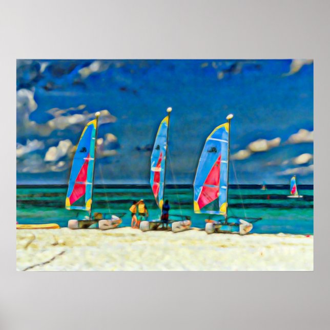 Sailboats Tropical Beach Colorful Catamaran  Poster (Front)