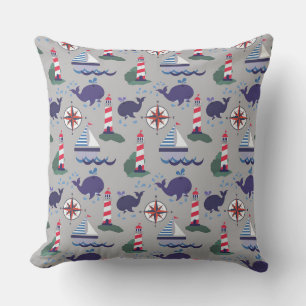 Sailboats, Whales and Lighthouses Nautical Outdoor Pillow