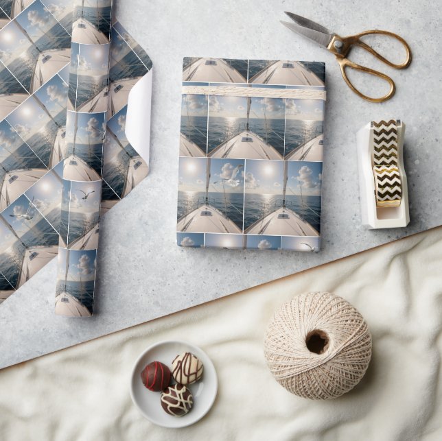 Sailboats with Seagulls On Ocean Water Wrapping Paper (Crafts)