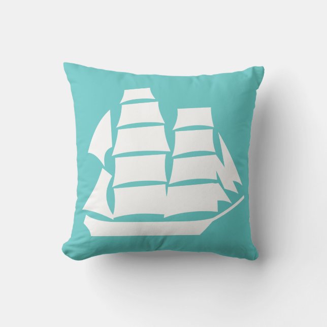 sailed ship White on teal blue pillow (Front)