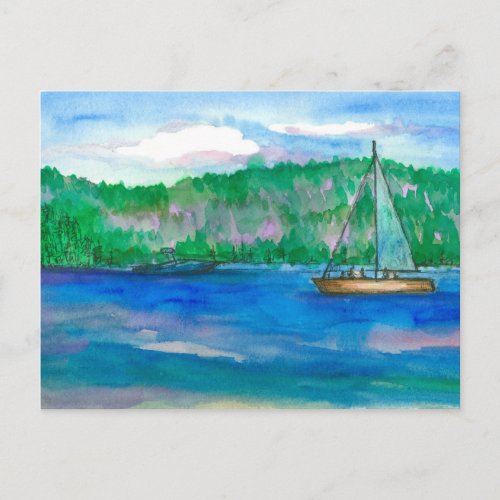 Sailing Alpine Mountain Lake Watercolor Postcard