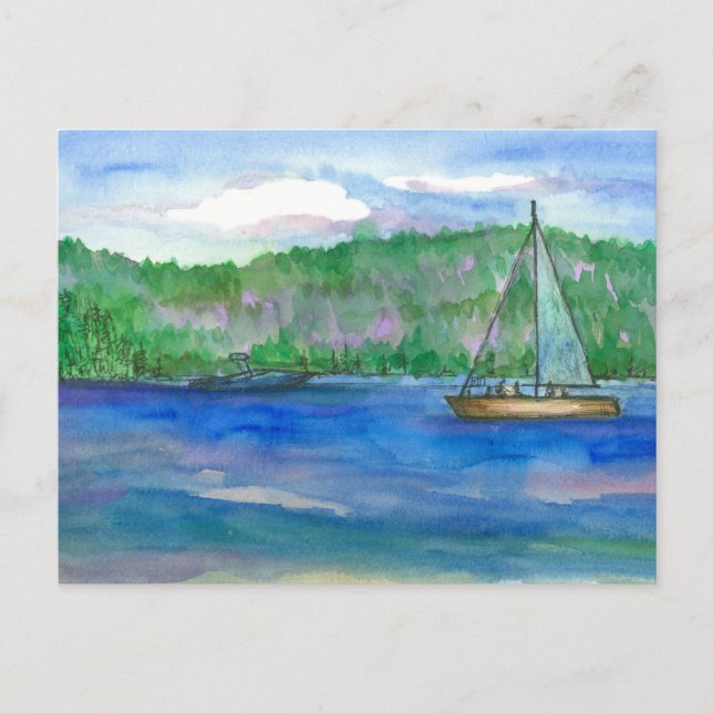 Sailing Alpine Mountain Lake Watercolor Postcard (Front)