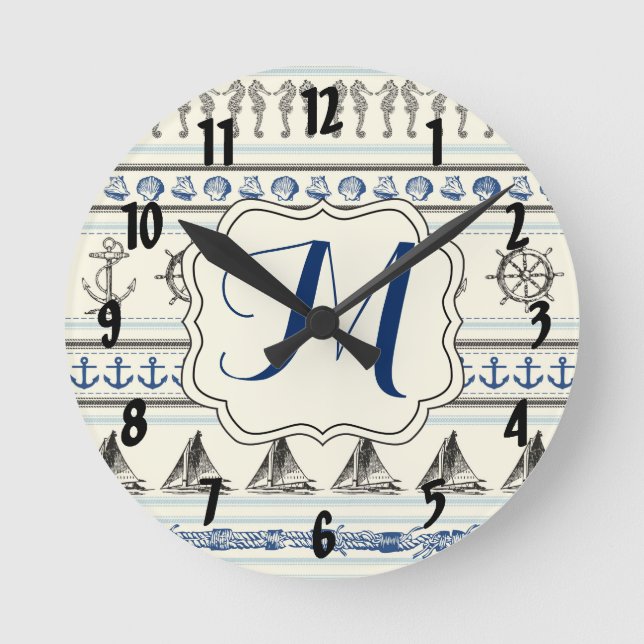 Sailing Anchor Nautica Monogram Initial Wall Clock (Front)