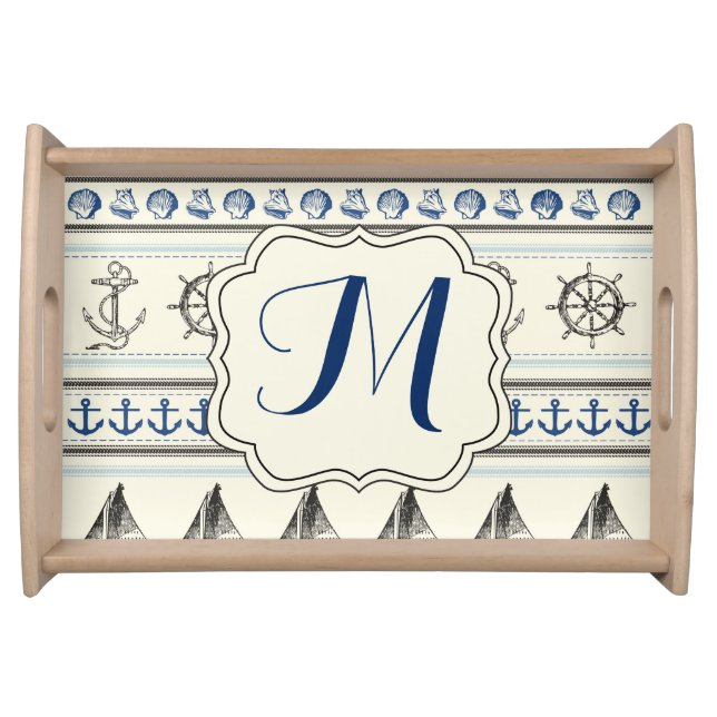 Sailing Anchor Nautical Rope Monogram Serving Tray (Front)