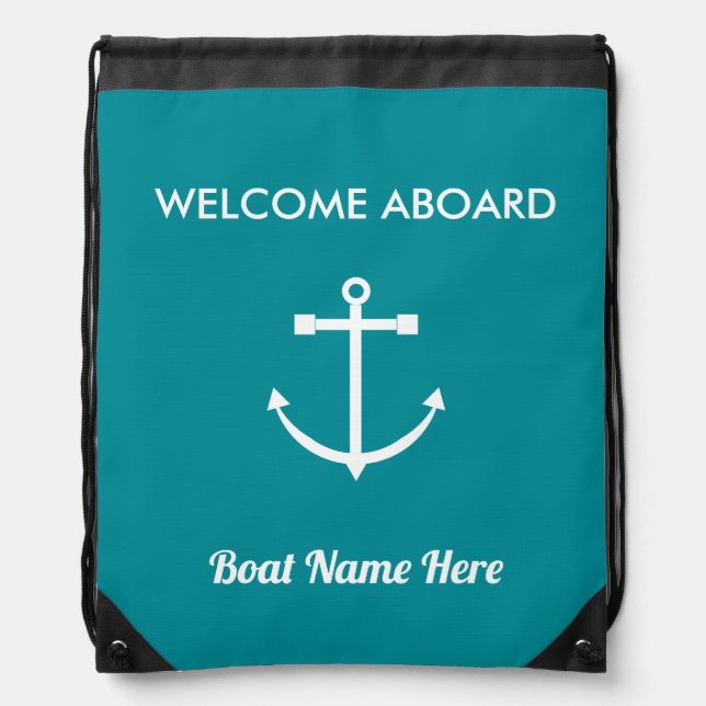 Sailing Anchor Welcome Aboard Boat Name Drawstring Bag (Front)