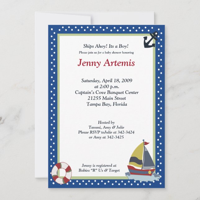 Sailing Away Navy Blue 5x7 Baby Shower Invitation (Front)