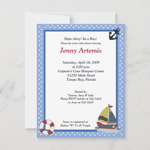 Sailing Away Sailboat Boat Baby Shower 4x5 Invite