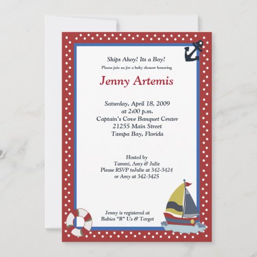 Sailing Away Sailboat Nautical 5x7 Baby Shower Custom Invitations