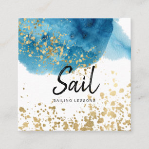 *~* Sailing Beach Blue Watercolor Gold Glitter Square Business Card