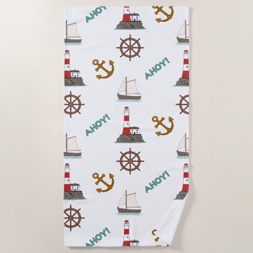 Sailing Big Pattern Color on White Beach Towel