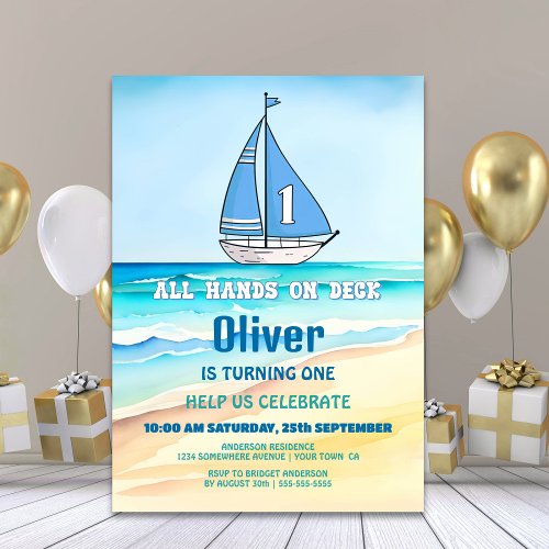 Sailing Boat 1st Birthday Party Invitation