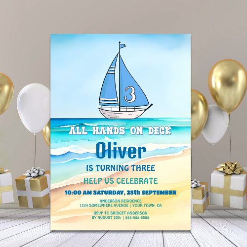 Sailing Boat 3rd Birthday Party Invitation