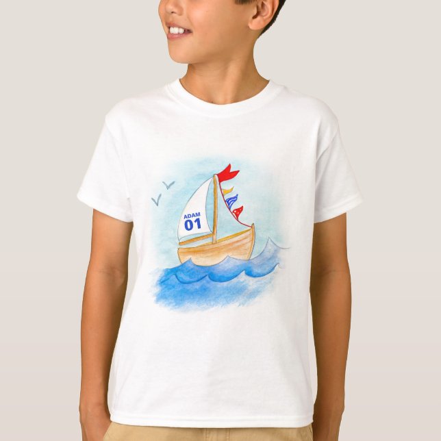 Sailing boat art name number on sail t-shirt (Front)