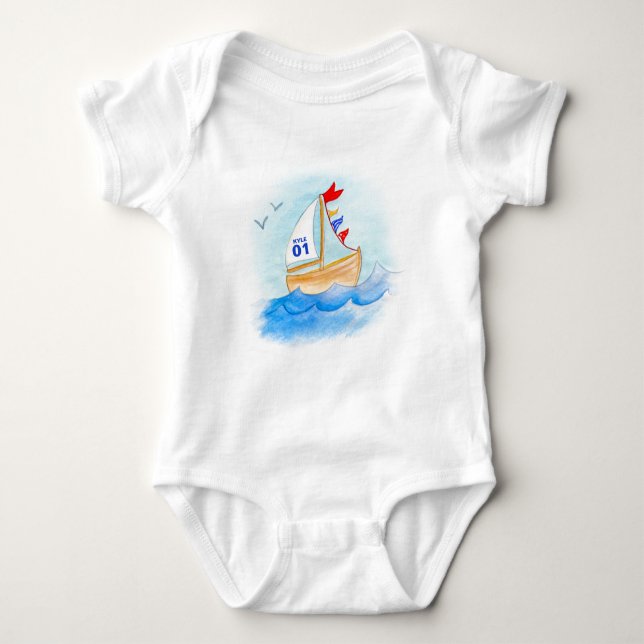 Sailing boat art name number on sail t-shirt baby bodysuit (Front)
