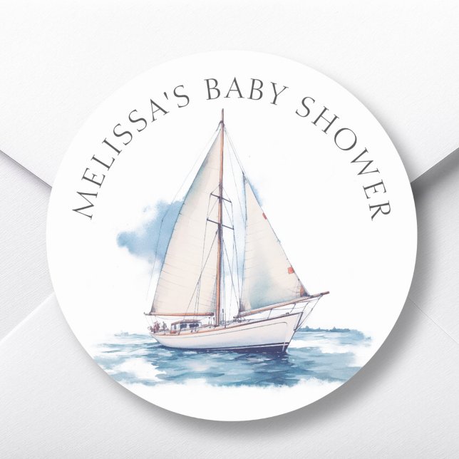 Sailing Boat Baby Shower Favor Classic Round Sticker (Creator Uploaded)