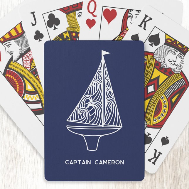 Sailing Boat Captain Name Nautical Navy Blue Poker Cards (Fun Captain or Boat Name personalized yacht or sail boat art nautical playing cards)