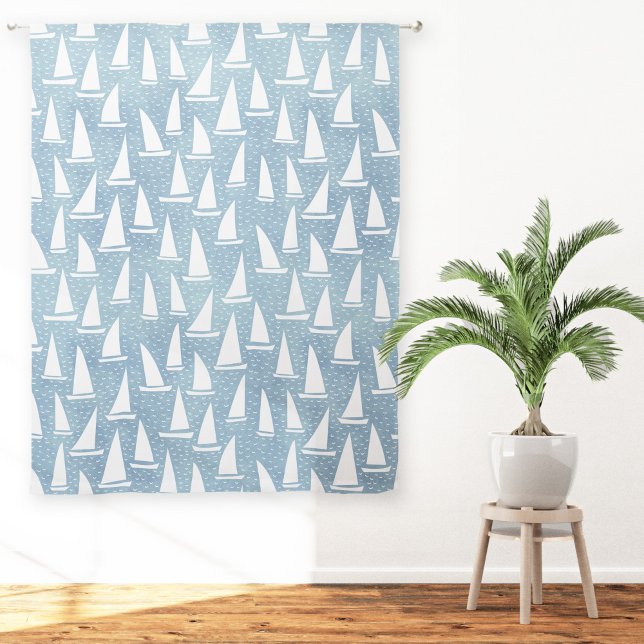 Sailing Boat Coastal Blue and White Sheer Curtains (Sailing boat or yacht nautical coastal blue and white art curtains by Nic Squirrell)