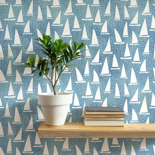 Sailing Boat Coastal Blue and White Wallpaper