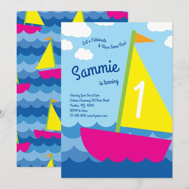 Sailing Boat Colorful 1st Birthday Invitations (Front/Back)