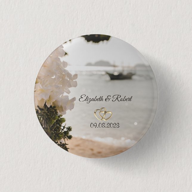 Sailing Boat Flowers Beach Wedding Button (Front)