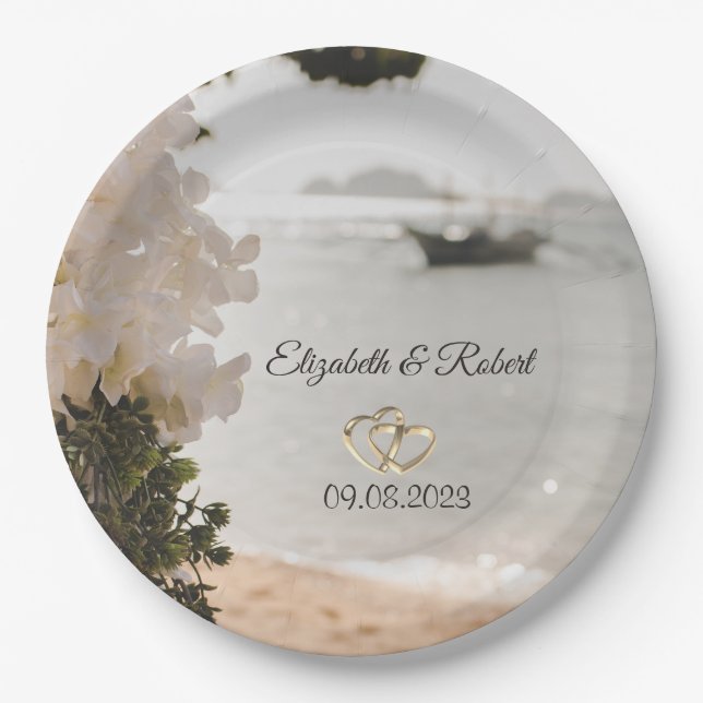 Sailing Boat Flowers Beach Wedding Paper Plates (Front)