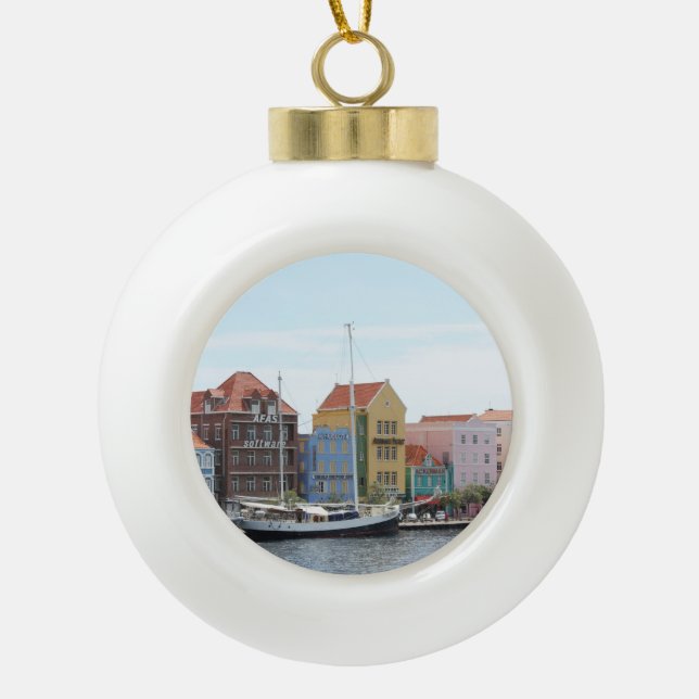 Sailing Boat in Willemstad Ceramic Ball Christmas Ornament (Front)