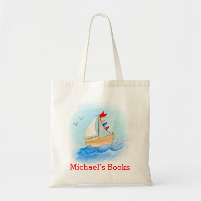 Sailing boat kids named id library tote bag (Front)
